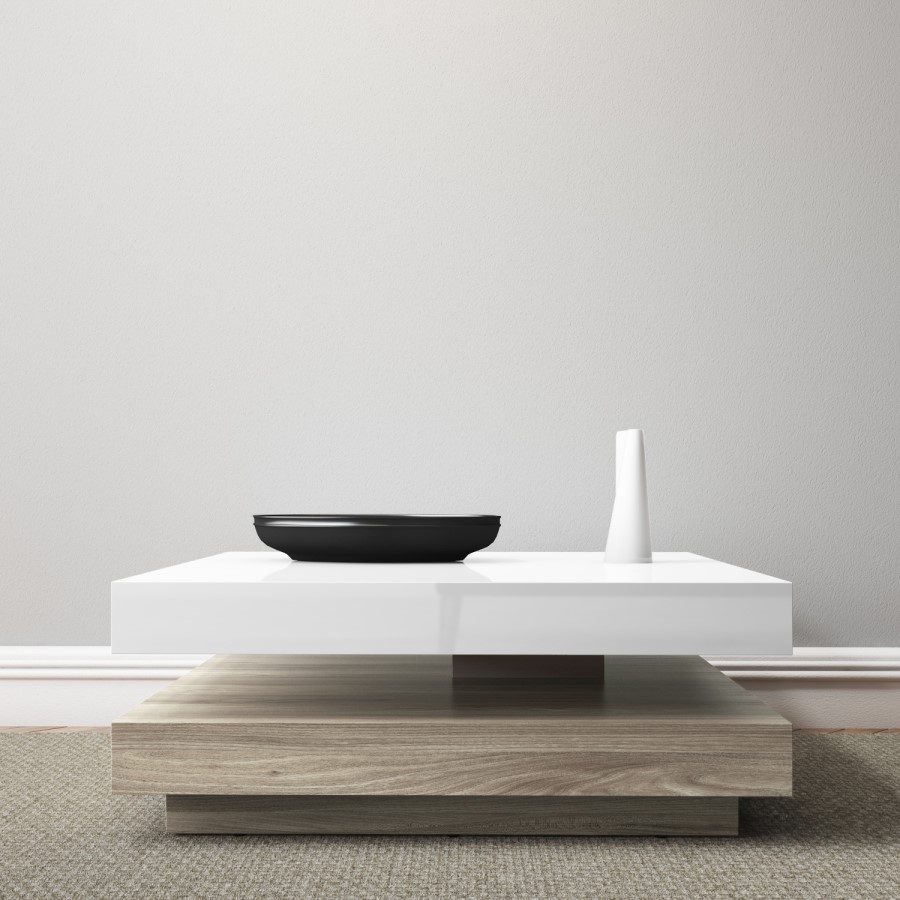 Square Coffee Table in White High Gloss & Light Wood Effect - Tiffany
