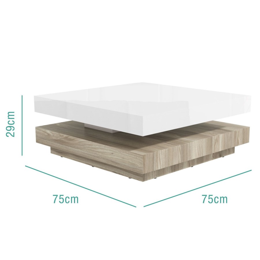 Square Coffee Table in White High Gloss & Light Wood Effect - Tiffany