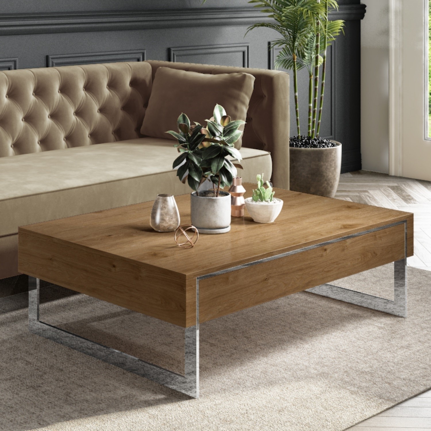 Photo of Large oak effect coffee table with drawer - tiffany