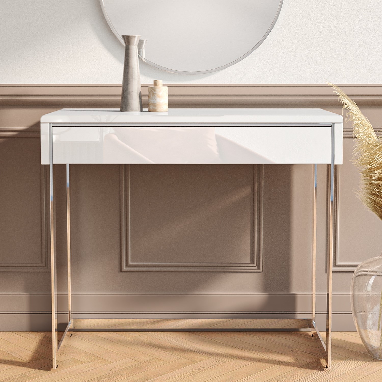Small White High Gloss Console Table with Drawer - Tiffany - Furniture123