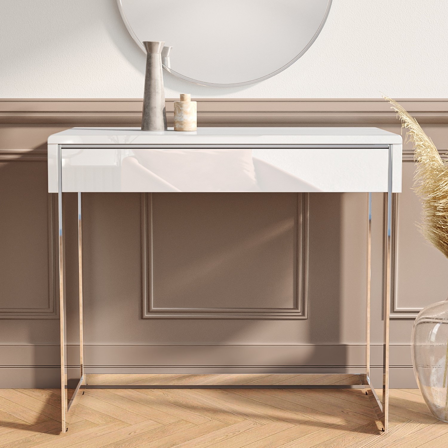 Photo of Small white high gloss console table with drawer - tiffany