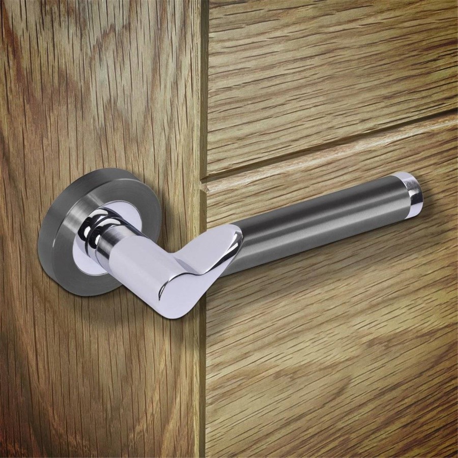 Internal Black Nickel and Silver Polished Chrome Lever Door Handle with Latch and Hinges Pack - 75mm Latch - Timis - XL Joinery