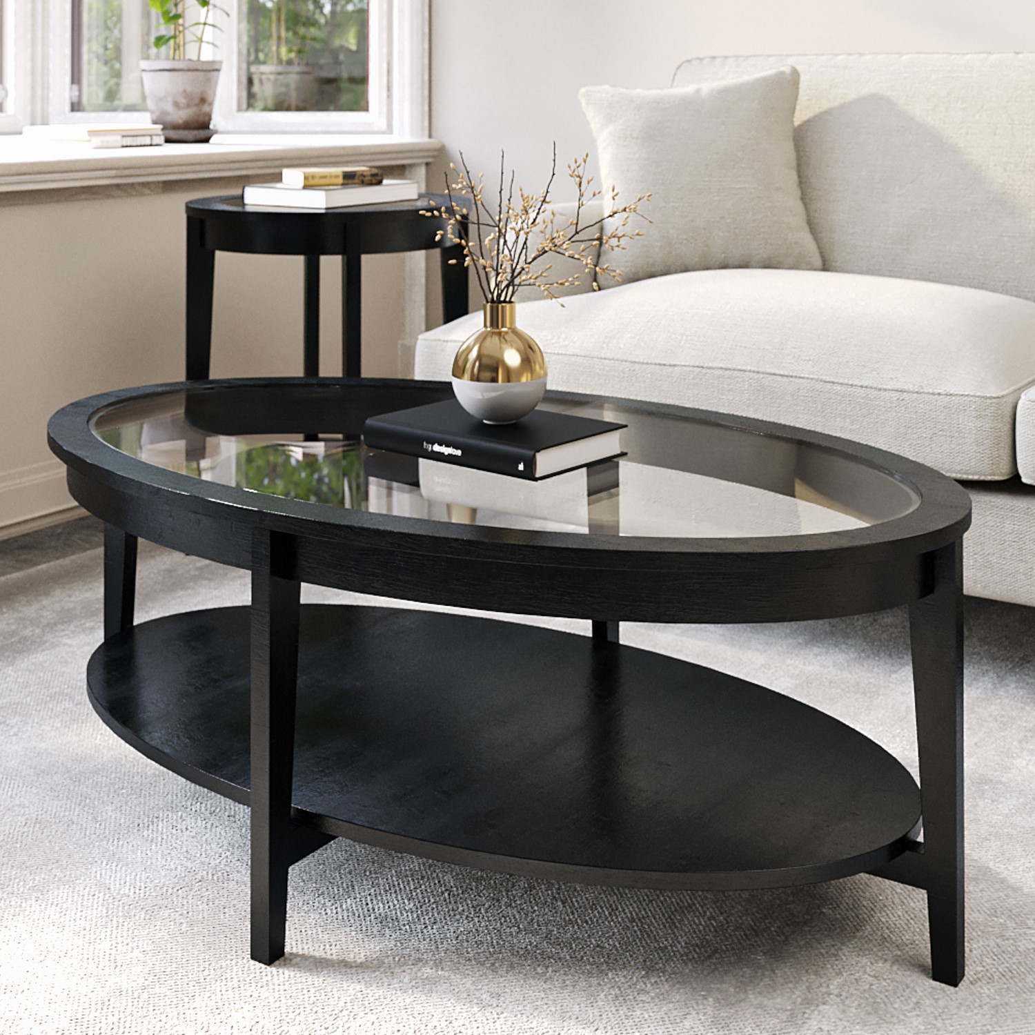 Photo of Large oval black wood coffee table with glass top - toula