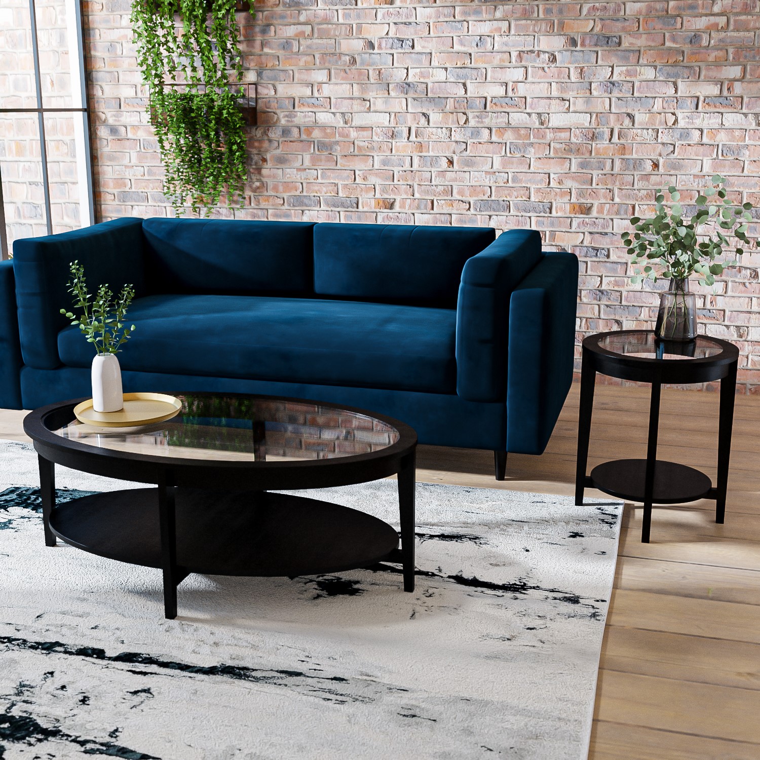 GRADE A1 - Large Oval Black Wood Coffee Table with Glass Top - Toula ...