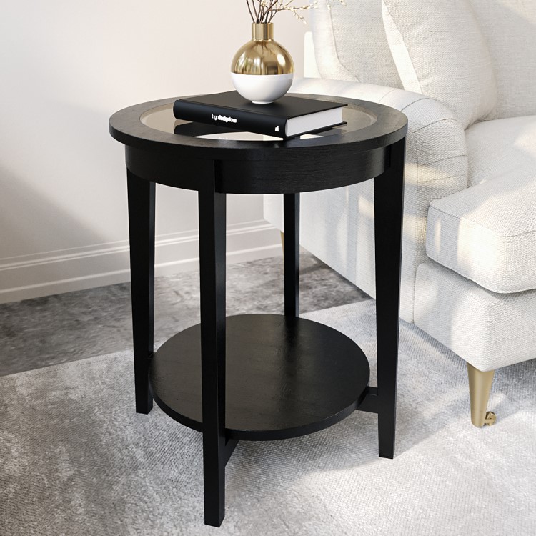 Round Black Glass Top Side Table with Storage - Toula