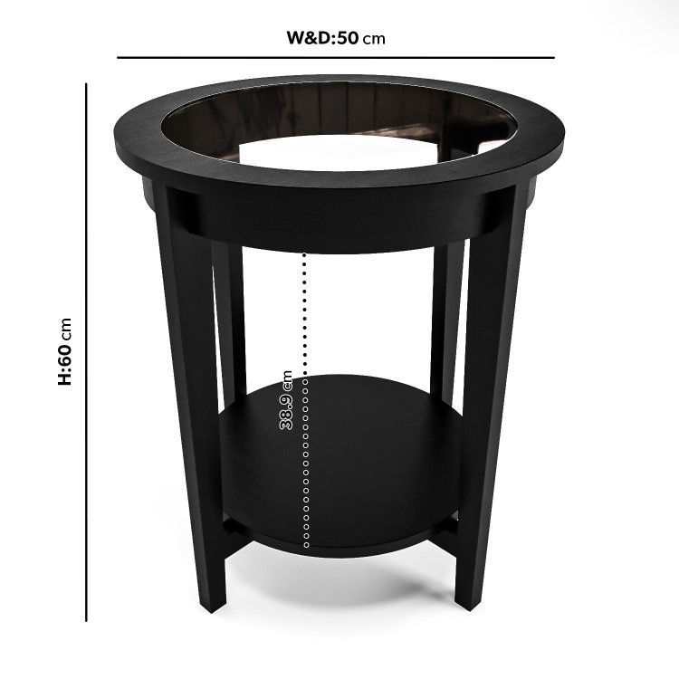 Round Black Glass Top Side Table with Storage - Toula