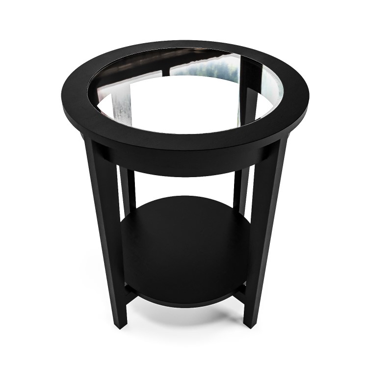 Round Black Glass Top Side Table with Storage - Toula