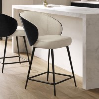 Beige Upholstered Kitchen Stool with Black Wooden Curved Back - Tori