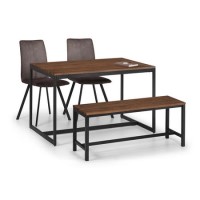 Walnut Dining Table with Matching Bench and 2 Grey Suede Dining Chairs - Julian Bowen