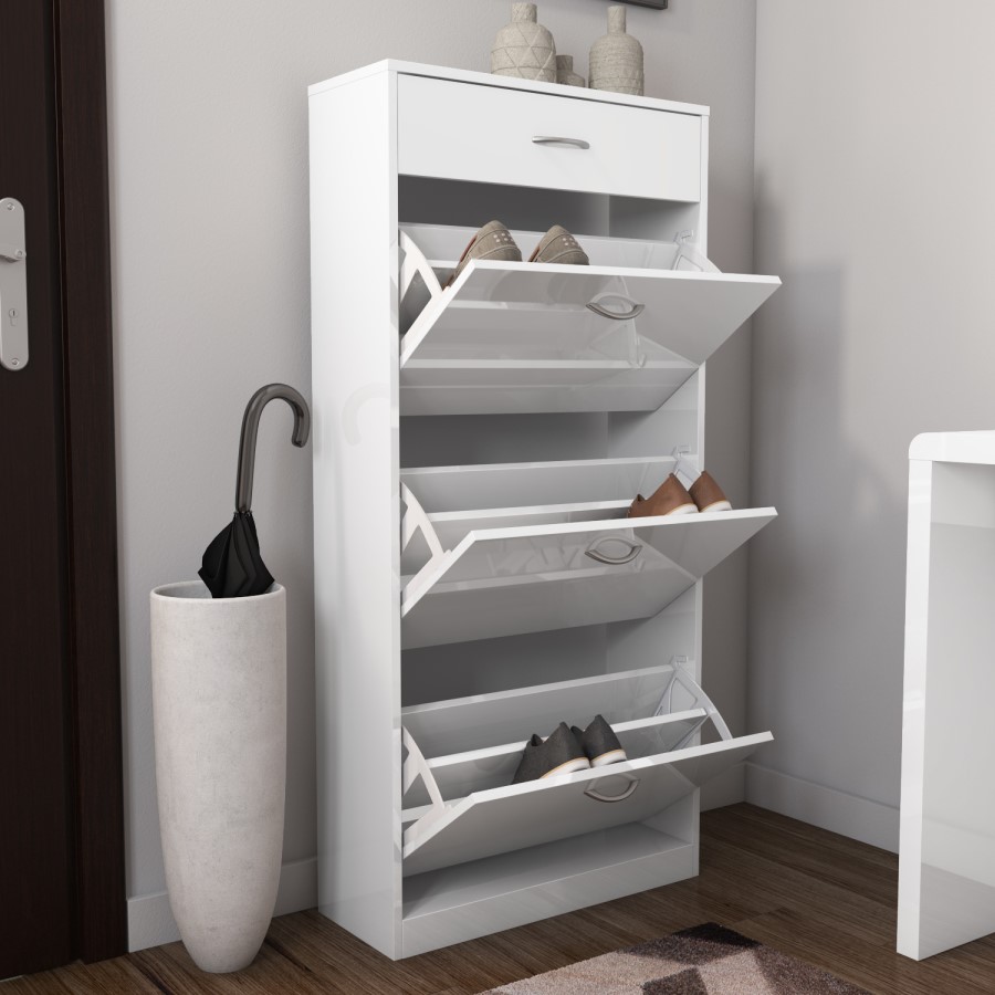 GRADE A2 - Torino Shoe Cabinet in White High Gloss 4 Drawer -18 Pairs