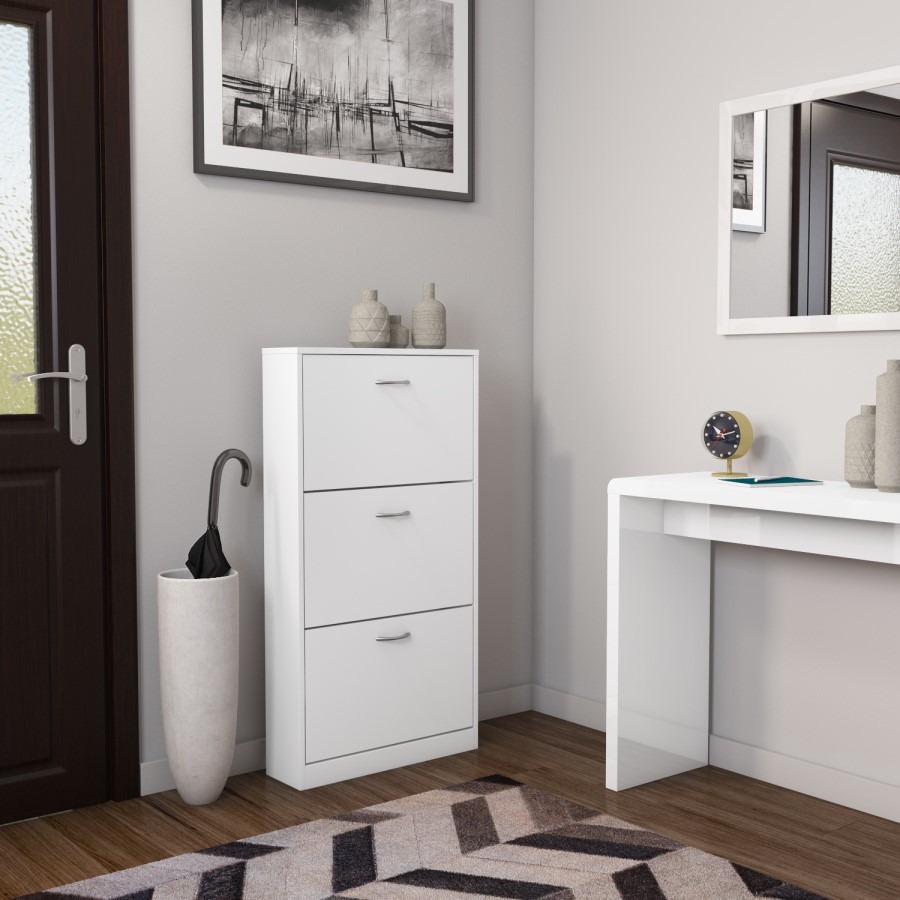 GRADE A1 - Torino 3 Drawer Shoe Storage Cabinet in White - 9 Pairs