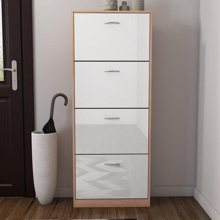 Torino 4 Door Shoe Storage Cabinet in High Gloss and Oak - 12 Pairs
