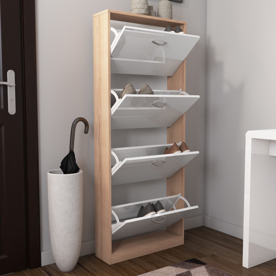 Torino 4 Door Shoe Storage Cabinet in High Gloss and Oak - 12 Pairs