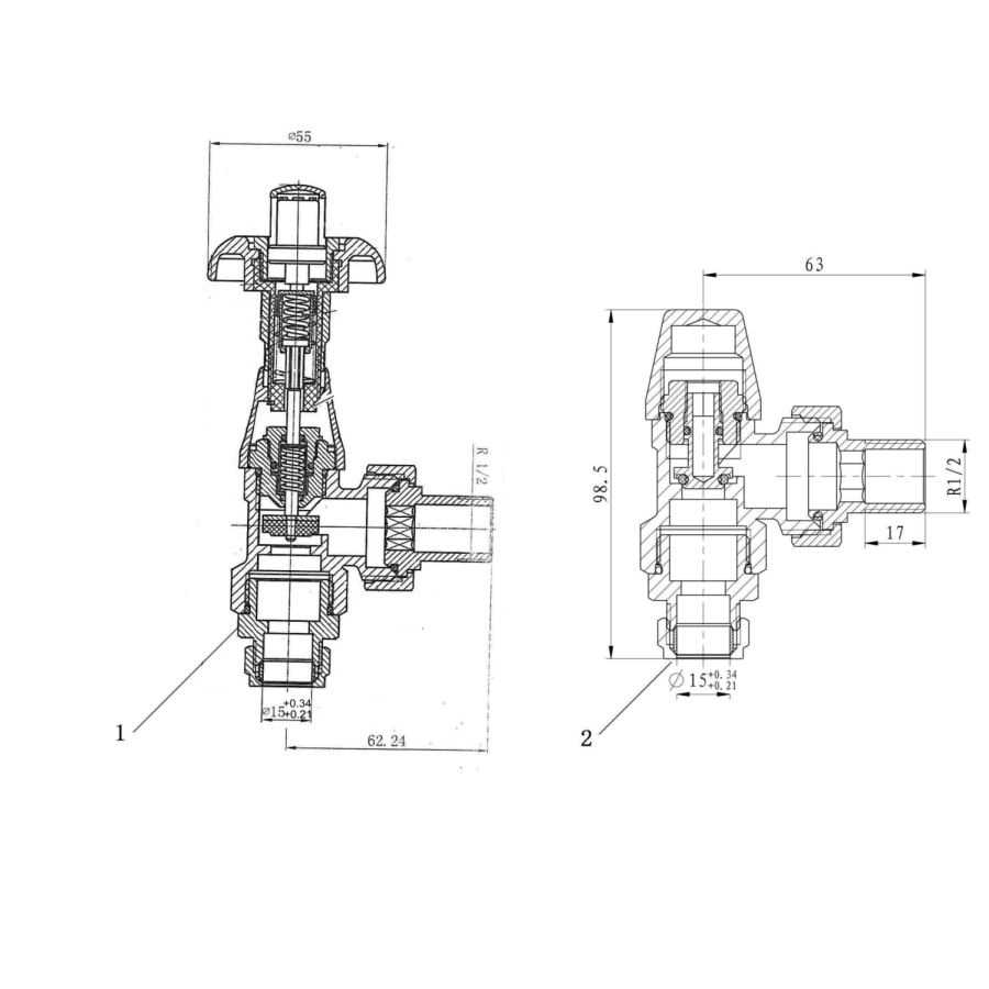 Maesta Brushed Brass Traditional TRV Angled Thermostatic Radiator Valves With Lockshield