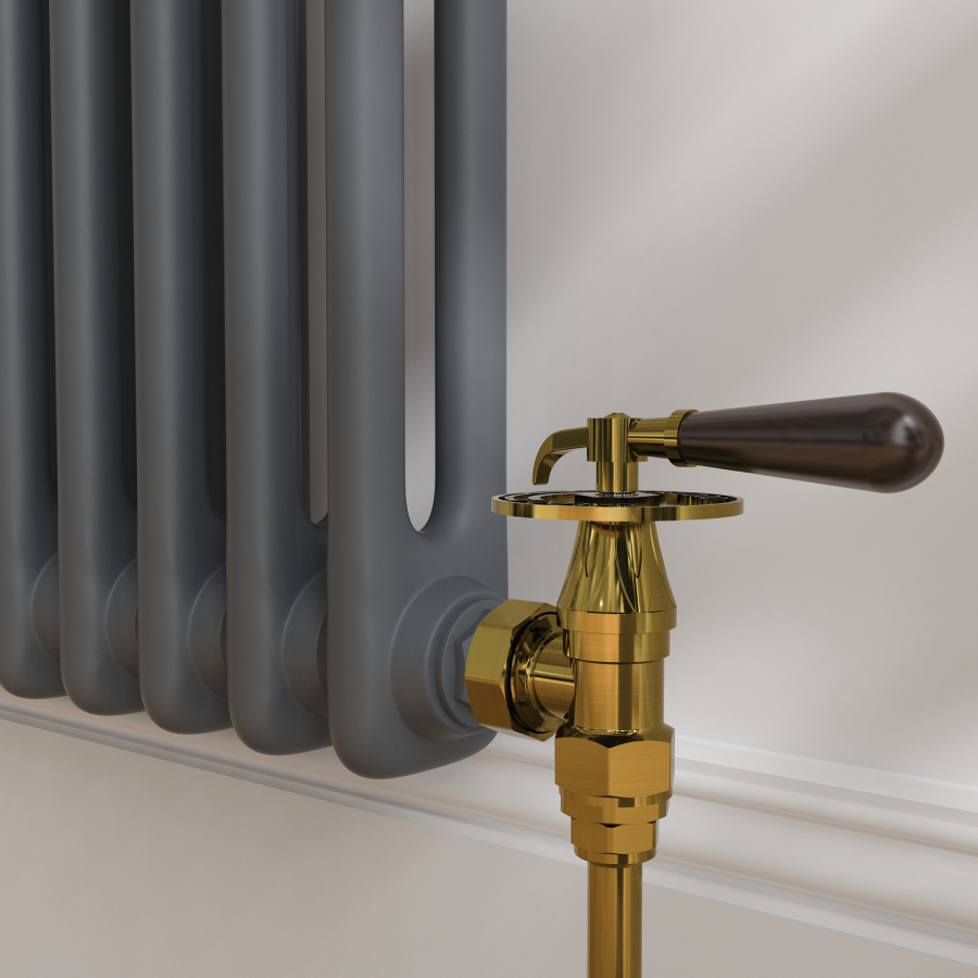 Maesta Brushed Brass Traditional TRV Angled Thermostatic Radiator Valves With Lockshield