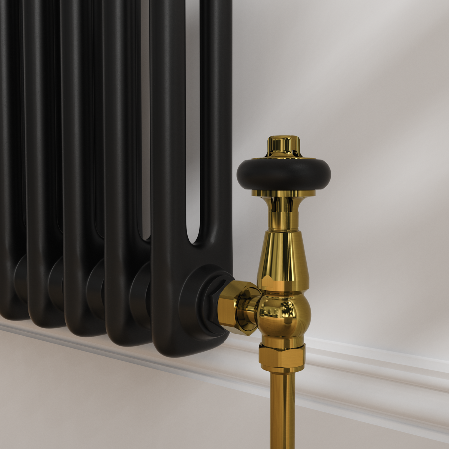 Maesta Brushed Brass Traditional TRV Angled Thermostatic Radiator Valves With Lockshield