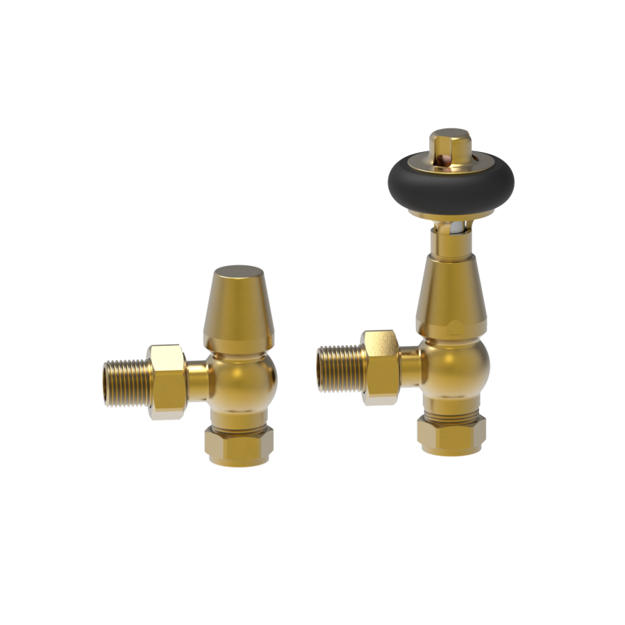 Maesta Brushed Brass Traditional TRV Angled Thermostatic Radiator Valves With Lockshield