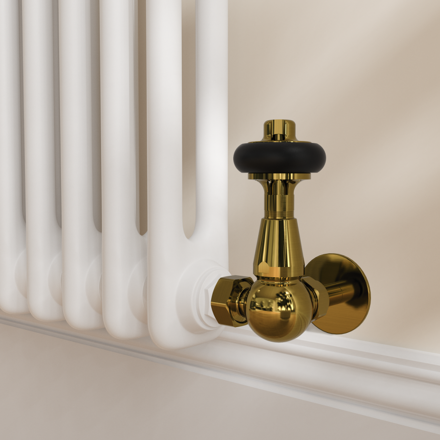 Maesta Brushed Brass Traditional TRV Corner Thermostatic Radiator Valves With Lockshield