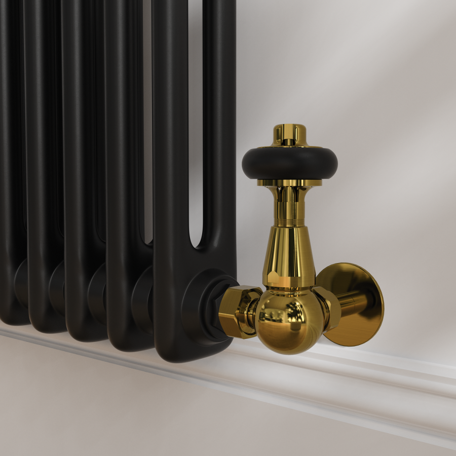 Maesta Brushed Brass Traditional TRV Corner Thermostatic Radiator Valves With Lockshield