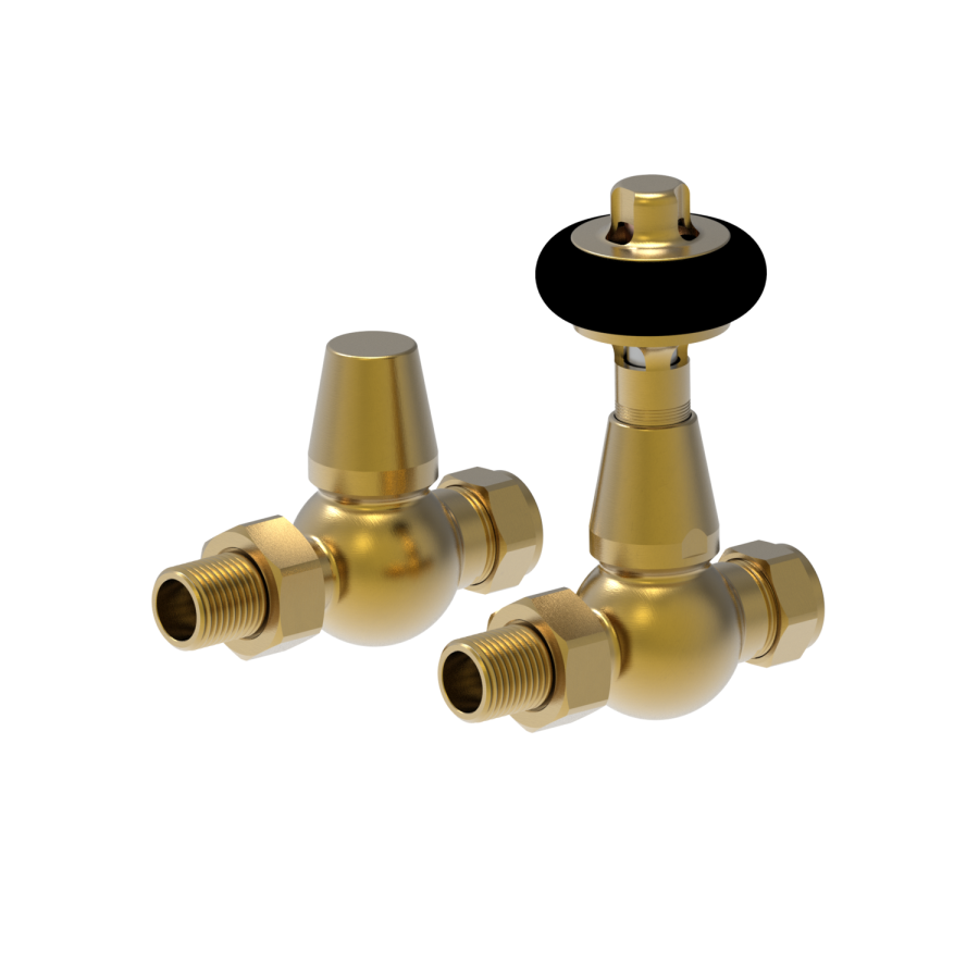 Maesta Brushed Brass Traditional TRV Straight Thermostatic Radiator Valves With Lockshield