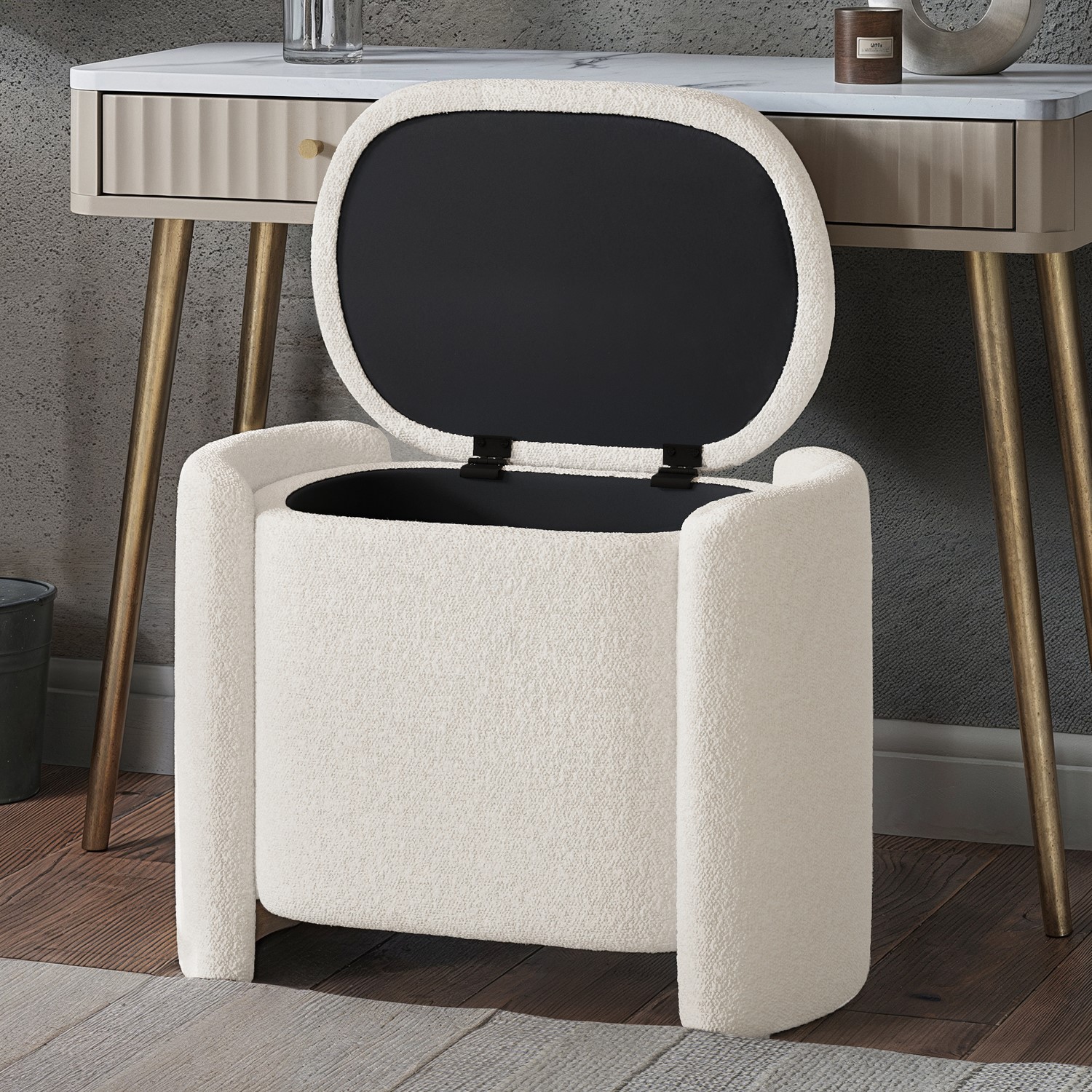 Cream Boucle Dressing Table Stool with Ottoman Storage - Taryn - Furniture123 Cream Boucle Dressing Table Stool with Ottoman Storage - Taryn - Furniture123