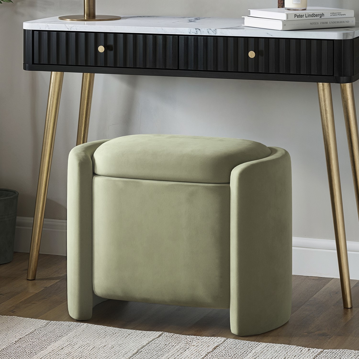 Sage Velvet Dressing Table Stool Ottoman Storage