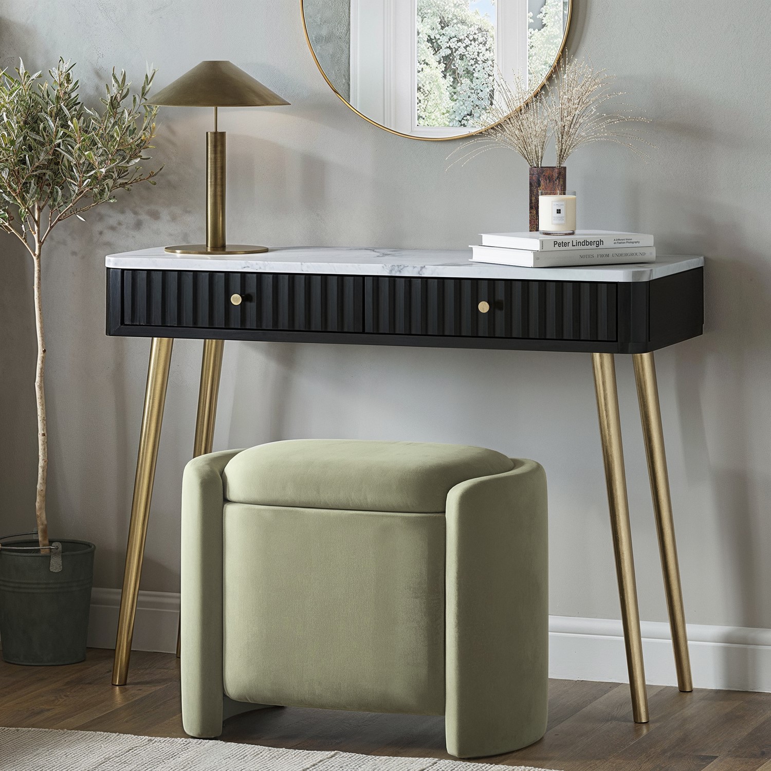 Sage Velvet Dressing Table Stool with Ottoman Storage - Taryn - Furniture123 Sage Velvet Dressing Table Stool with Ottoman Storage - Taryn - Furniture123