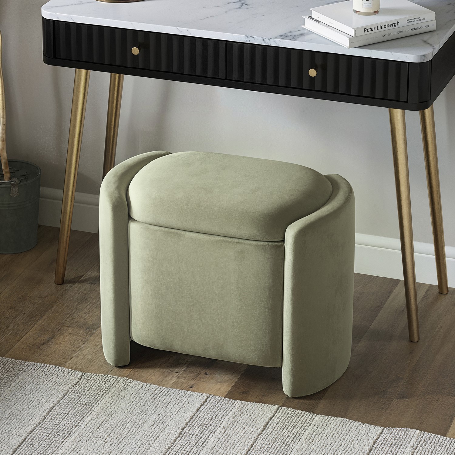 Sage Velvet Dressing Table Stool with Ottoman Storage - Taryn - Furniture123 Sage Velvet Dressing Table Stool with Ottoman Storage - Taryn - Furniture123