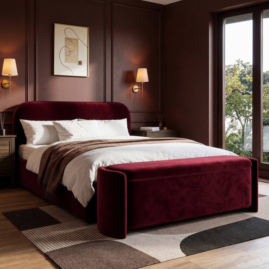 Burgundy Velvet Ottoman Storage Blanket Box - TARYN