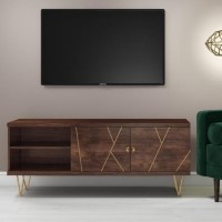 Dark Wood TV Unit with Brass Inlay & Storage - Tia