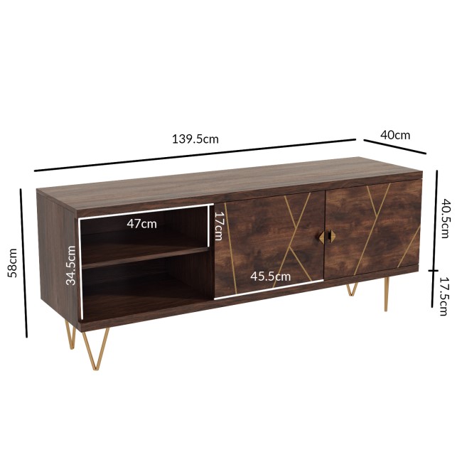 Dark Wood TV Unit with Brass Inlay & Storage - Tia