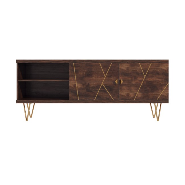 Dark Wood TV Unit with Brass Inlay & Storage - Tia