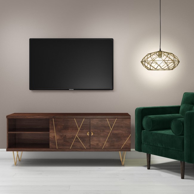 Dark Wood TV Unit with Brass Inlay & Storage - Tia