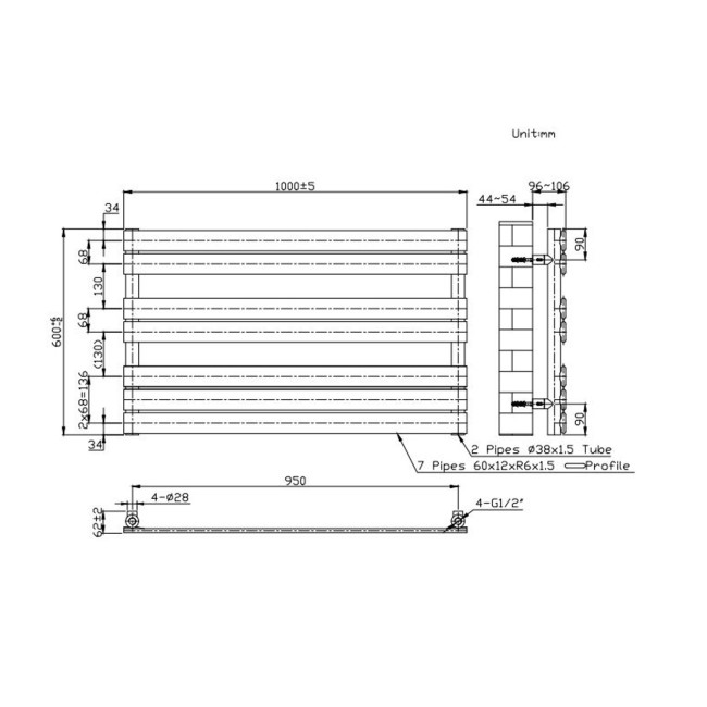 Black Heated Towel Rail Radiator 600 x 1000mm - Tundra