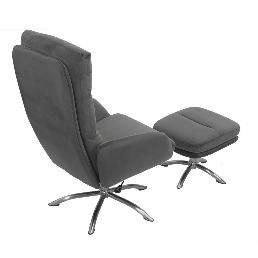 GRADE A1 - Dark Grey Velvet Swivel Recliner Chair with Footstool - Tyra