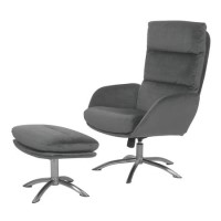 Grey Velvet Swivel Lounge Chair with Footstool - Tyra