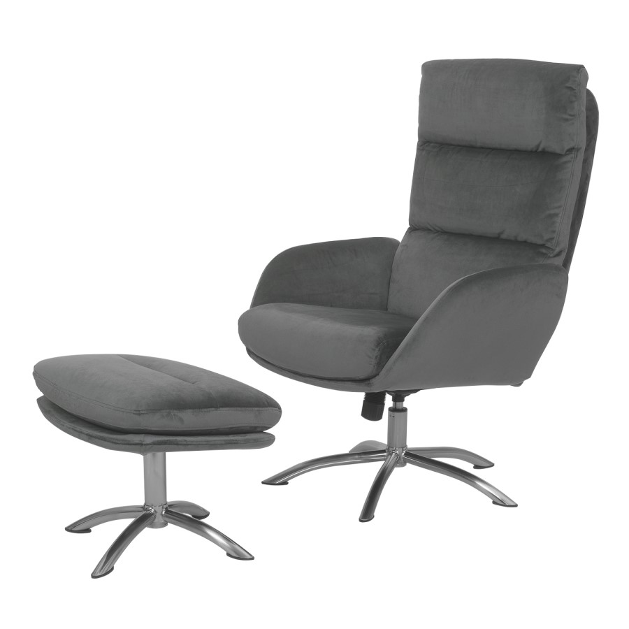 GRADE A1 - Dark Grey Velvet Swivel Recliner Chair with Footstool - Tyra
