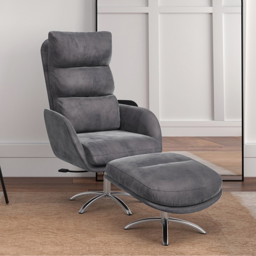GRADE A1 - Dark Grey Velvet Swivel Recliner Chair with Footstool - Tyra