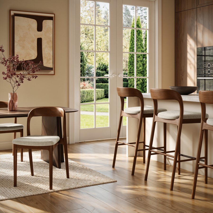 Beige Upholstered Kitchen Stool with Walnut Solid Wood Frame - Uma