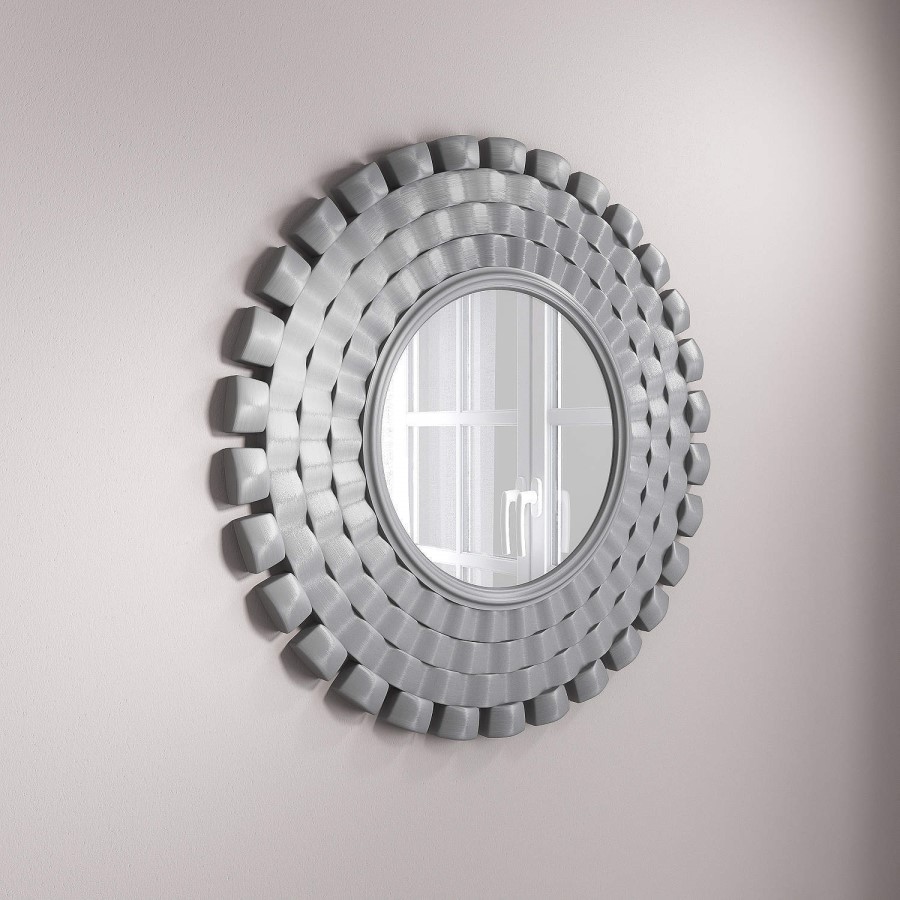 GRADE A1 - Round Wall Mirror in Brushed Steel With Woven Effect By Valentina