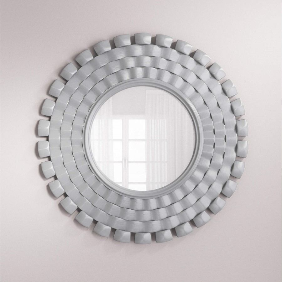 GRADE A1 - Round Wall Mirror in Brushed Steel With Woven Effect By Valentina