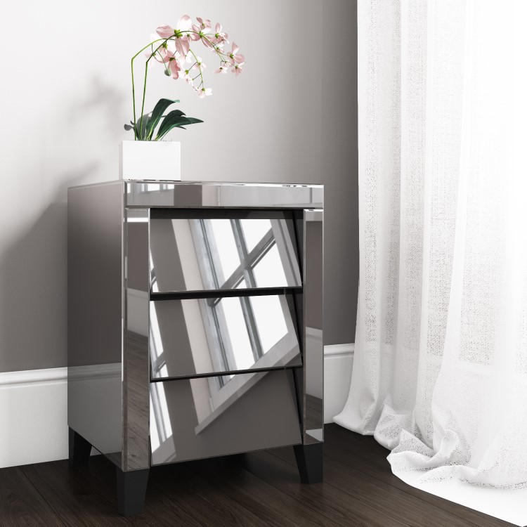 Valentina Venetian Mirrored 3 Drawer Bedside Table - Tinted Grey Mirror