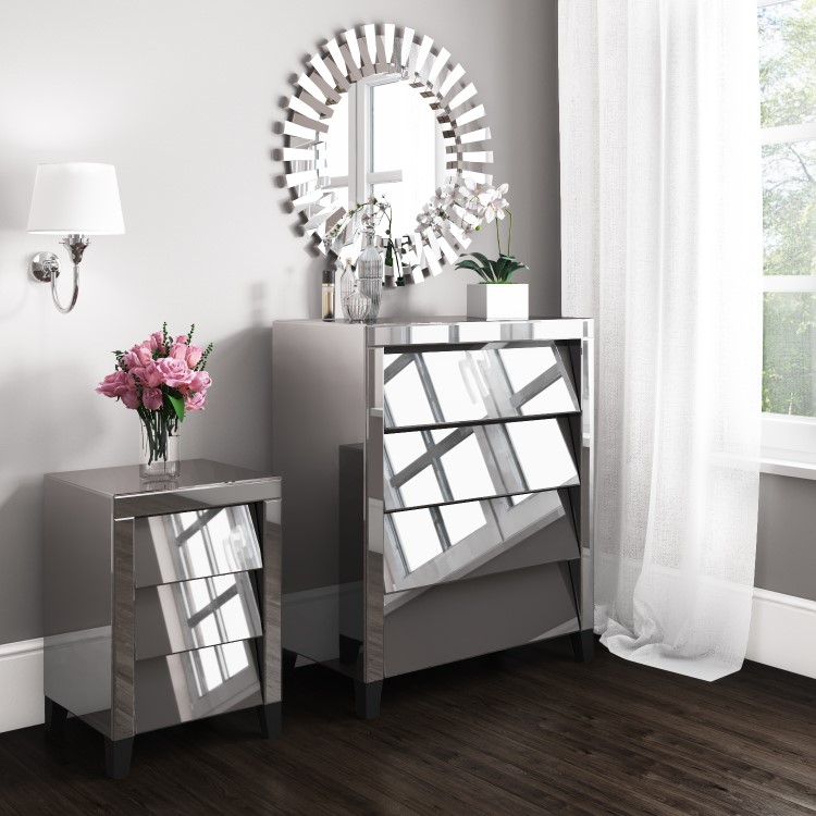 Valentina Venetian Mirrored 3 Drawer Bedside Table - Tinted Grey Mirror