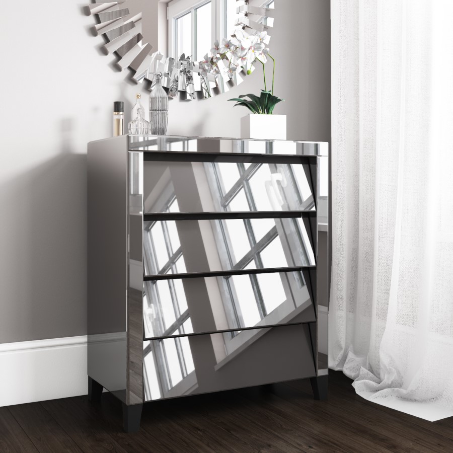 GRADE A1 - Valentina Venetian Mirrored 4 Chest of Drawers - Tinted Grey Mirror