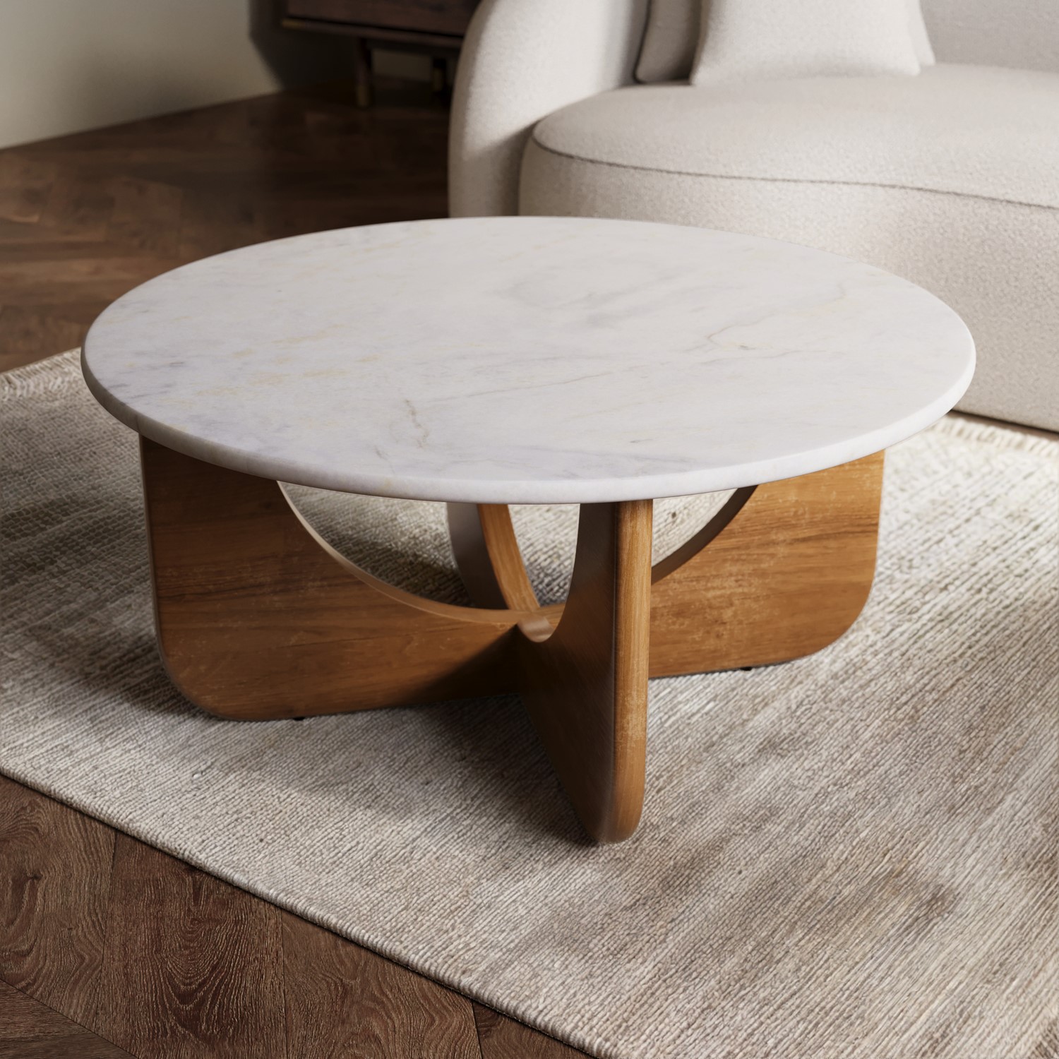 Ivan Brown Large Round White Marble And Mango Wood Coffee Table