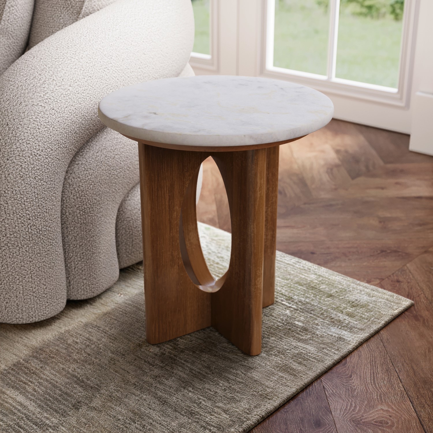 Ivan Brown Round White Marble And Mango Wood Side Table