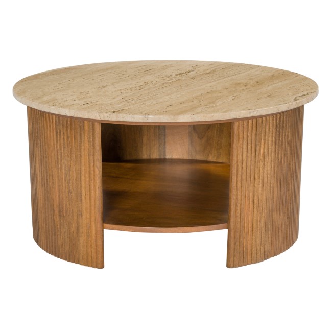 Large Round Travertine and Ribbed Mango Wood Coffee Table with Storage - Ivan