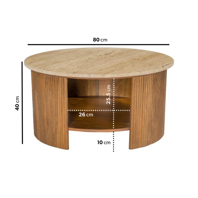 Large Round Travertine and Ribbed Mango Wood Coffee Table with Storage - Ivan