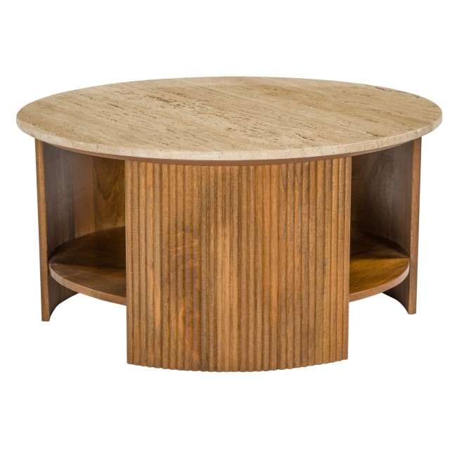 Large Round Travertine and Ribbed Mango Wood Coffee Table with Storage - Ivan