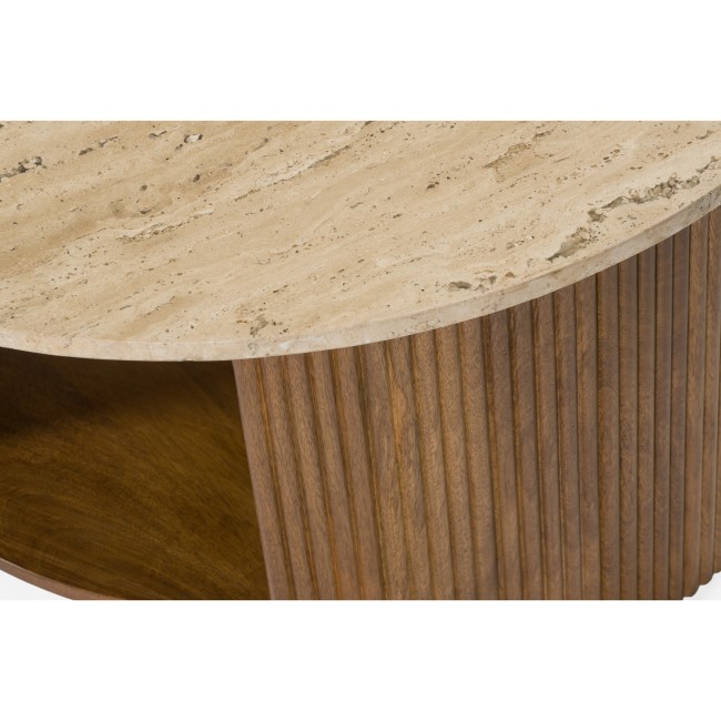 Large Round Travertine and Ribbed Mango Wood Coffee Table with Storage - Ivan